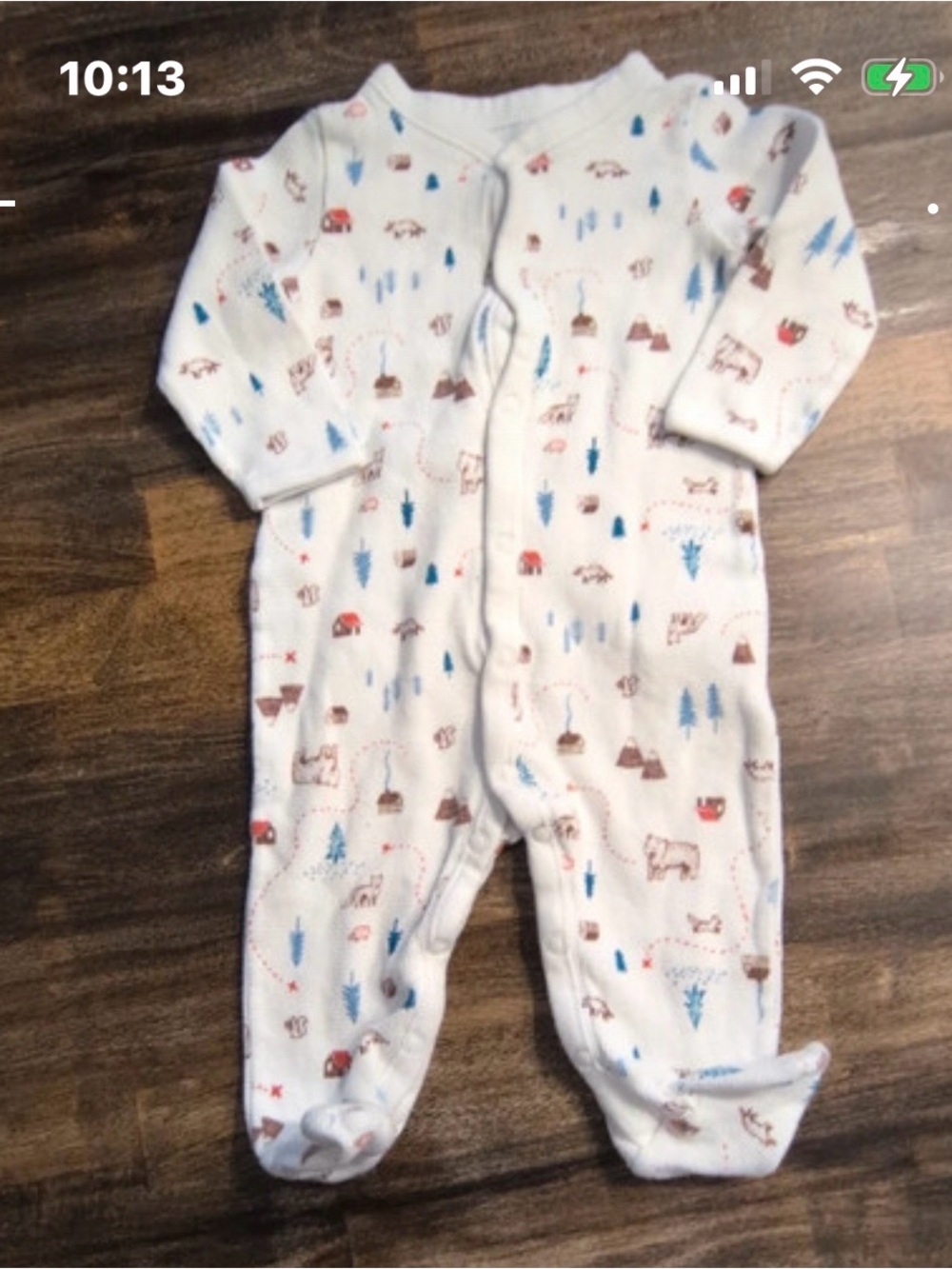 White Baby Footed One-Piece with Blue and Brown Woodland Print